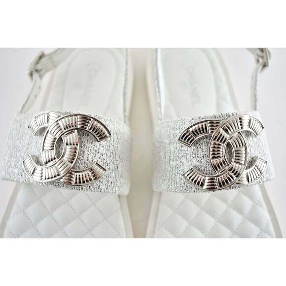Chanel 19C White Silver Fantasy Fabric CC Logo Ankle Strap Toe Sandal Flat 40.5c - Picture 7 of 12